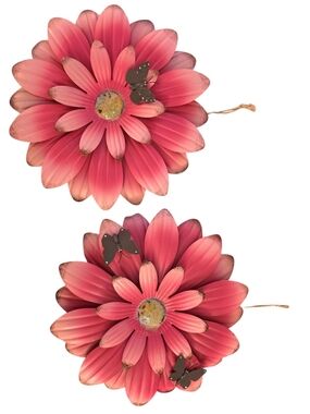 Handmade Distressed Pink Metal Wall Sculptures- Layered 3D Bloom with Butterflys